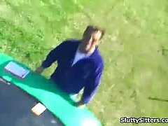 Instead of babysitting, slutty blond was too busy sucking her boss's dick and having sex with him