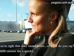 Hot European blond gets money to show her pussy and suck dick in her car