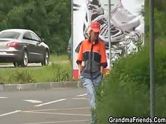Horny old car cleaning lady goes for a ride and sucks two random guys cocks