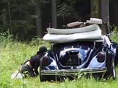 Hot girls are having sex with a horny guy, in the woods and moaning from pleasure