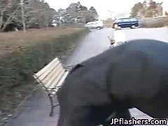 Dirty Asian girl strips absolutely everything off in a perverted outdoor nudity scene
