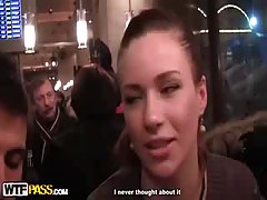 Drunk babe at the bar gets talked into sucking two dicks in the small bathroom