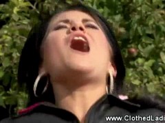 Two masturbating bitches get found out and talked into a messy outdoor threesome