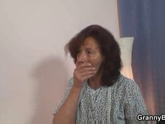Young guy comes to lonely granny seamstress to make his pants a bit shorter and saw his dick.
