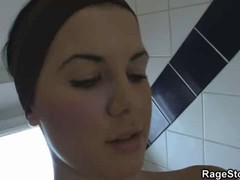 A girl was blushing while taking a shower because she knew that her boyfriend was going to fuck her