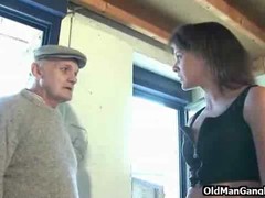 Filthy old grandpa fucks a slutty brunette half his age and his son joins the fun