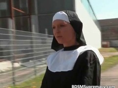 Obedient blonde in chains is being mercilessly teased by a lesbian nun