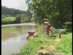 Cute girl went fishing with her best friend's grandpa and ended up sucking his cock