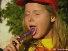 Cute blonde, Sascha is in her garden and trying out her new, vibrating sex toy