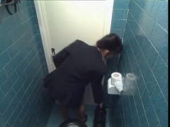 Passionate brunette is having sex in the toilet with her horny colleagues from the company