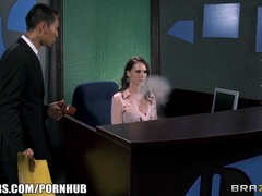 Jennifer Dark is slutty secretary who seduces her boss and rides his dick on the chair