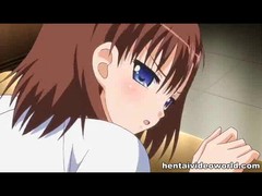 Cartoon babe with huge, blue eyes bends over to suck her teacher's rock hard dick