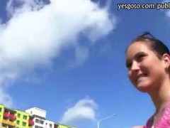 Kinky Euro teen Agata slips her denim pants down and takes on a big cock in a public fuck video