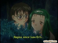An older guy makes a busty anime teen wet before two school girls fondle in the woods.
