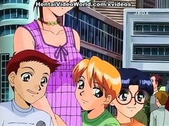 Lovely cartoon babe is blushing while having a vibrator inside her pussy, in front of her friends