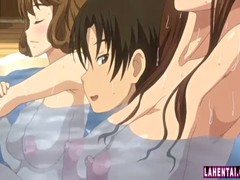 Hentai brunette with gigantic boobs is having a threesome and enjoying every second of it