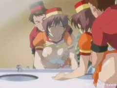 Cartoon chick in uniform is getting banged from behind in the toilet, instead of doing her job