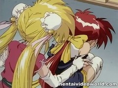 Blonde anime babe is getting her pussy fingered by a girl, for the first time, and she likes it