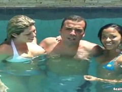 Brazilian sluts are having fun in their friend's swimming pool and getting ready for a threesome