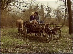 Blonde lady is having sex in the countryside, with a guy she is in love with