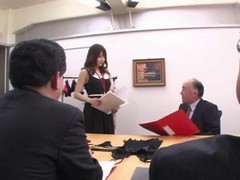 Gorgeous Asian lady is getting fucked on the stage by a group of horny guys