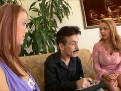 Smoking hot ladies are having sex with a skinny, rich man because he has a huge dick