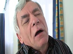 Housemaid teen puts her elderly employer to bed and then decides to suck on his shaft instead