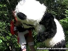 Pretty girl was dreaming about going into the forest and having sex with a huge panda toy