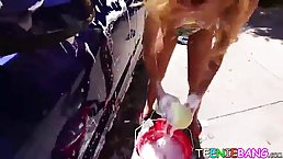 Alina West was washing her neighbor's car, because he promised to fuck her ass after she is done