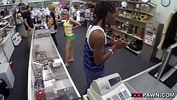 Nasty guy is fucking a slutty chick in his shop while his friend is watching
