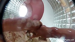 Voluptuous Christy is taking a relaxing shower in front of a hidden camera, in her friend's bathroom