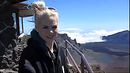 Small titted blonde teen, Elsa Jean is showing her tight pussy filled up with fresh cum