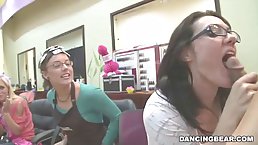 Naughty women in a hair salon are taking turns sucking a huge, black dick, just for fun
