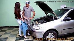 Hot woman with long hair and deep throat knows how to pay for the car repair