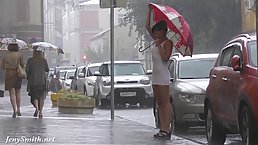 Great looking brunette, Jeny Smith is enjoying to be naked in various public places, while raining