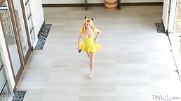 Raylinn Ann is dressed up as Pokemon and waiting for someone to find her and catch her