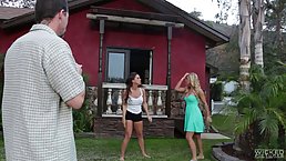 Horny girl is trying not to moan too loud from pleasure, while fucking her boyfriend's best friend