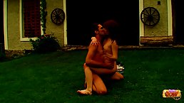 Redhead bad girl is playing a wicked game with her horny boyfriend, on the grass