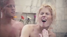 Blonde lady is about to get fucked in the shower, very early in the morning