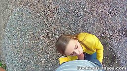 Blonde babe in yellow jacket is getting banged outdoors, after she was done with sucking dick