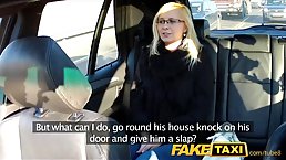 Naughty blonde with glasses is sucking a taxi driver's cock and getting fucke din his car