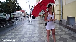 Dark haired chick in white dress, Jeny Smith likes when people are staring at her