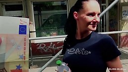 Tattooed brunette sucked dick in the bus and got fucked until she started moaning from pleasure
