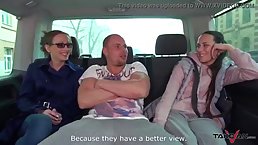 Two babes and one guy are being a bit naughty in the back of a car