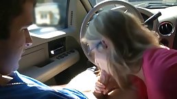 Mature lady is sucking her young partner’s huge dick, while he is driving his car