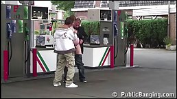 Dirty minded babe got doublefucked on a gas station, although she was pregnant at the time