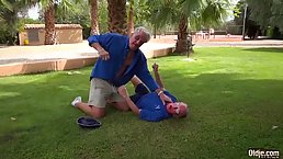 Pretty teen is about to have a threesome with two elderly guys, in the nature