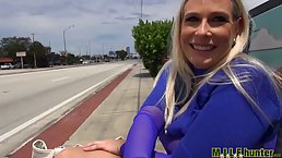 Busty blonde milf in blue shirt met her new lover on a local bus station