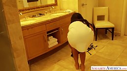 Big titted woman with long, brown hair is about to get her daily dose of fun