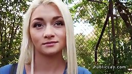 Russian blonde teen is being fucked in her pussy from behind, while in the public